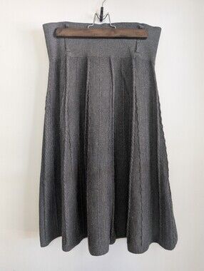 Lapis Lg Wool Skirt A-line Skater Ribbed Braid Knit Belted Midi Grey High Waist